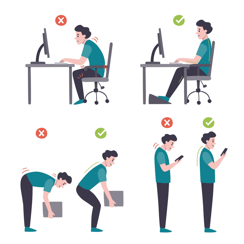 Ilustrasi postur kerja ergonomis dan tidak ergonomis